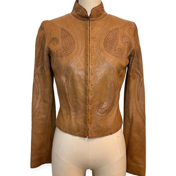 ELIE TAHARI X BERGDORF GOODMAN Cognac Ornate Leather Jacket, Size Small - Picture 3 of 13